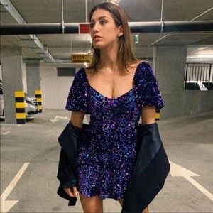 ZARA all over sequin purple colorful puff sleeve glam mini dress Bloggers fav